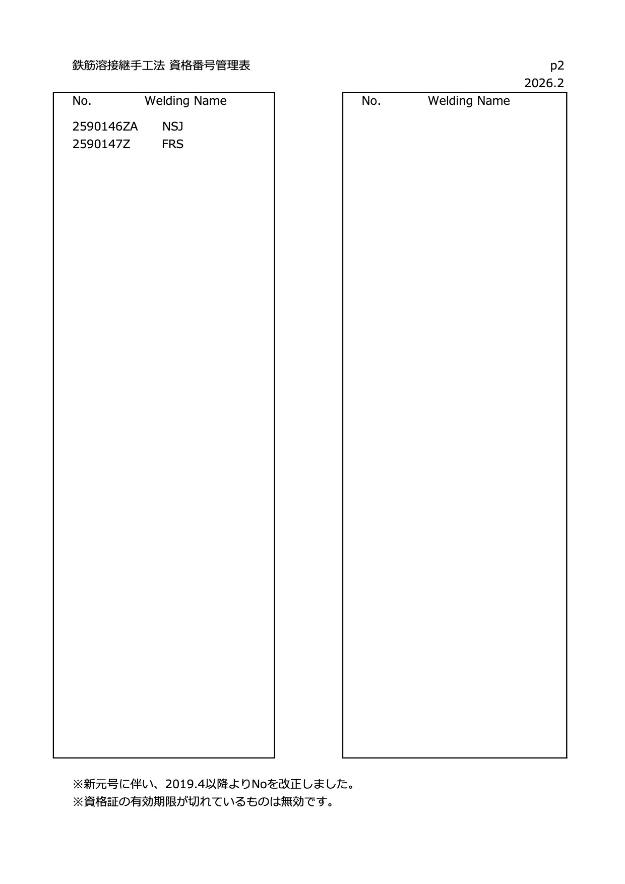 鉄筋溶接継手工法 資格番号管理票ページ2